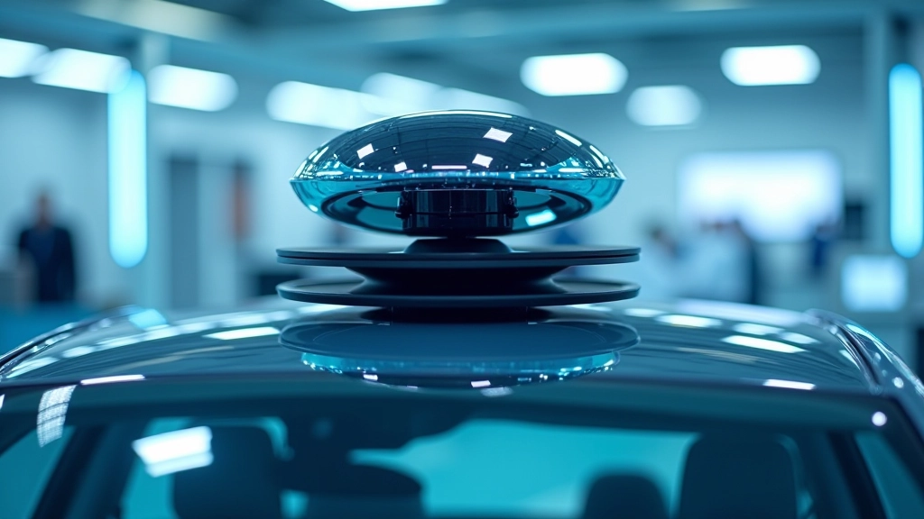 Autonomā braukšanas sistēma ar radariem un sensoru izrādījums uz automašīnas jumta