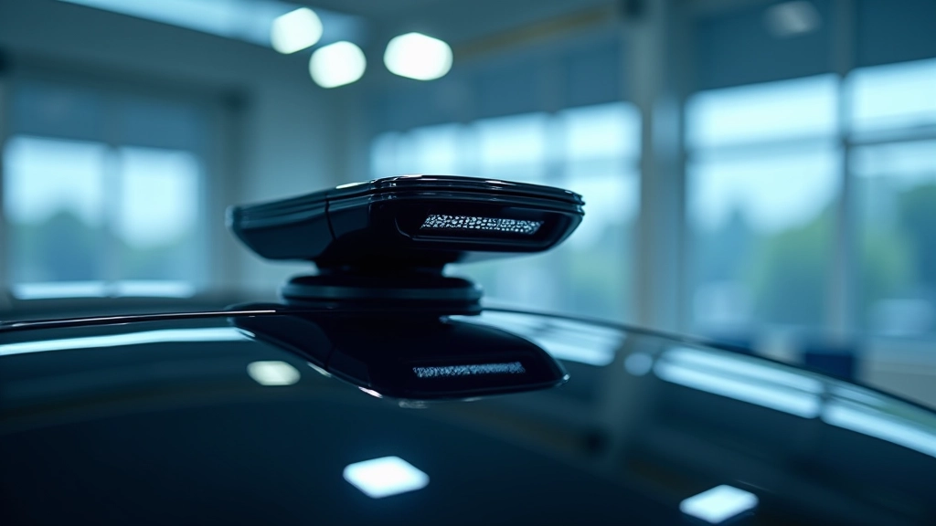Lidars sensors un autonomās braukšanas sistēma uz automašīnas jumta, elektroniskā komponentu detaļa, laboratorijas apgaismojums