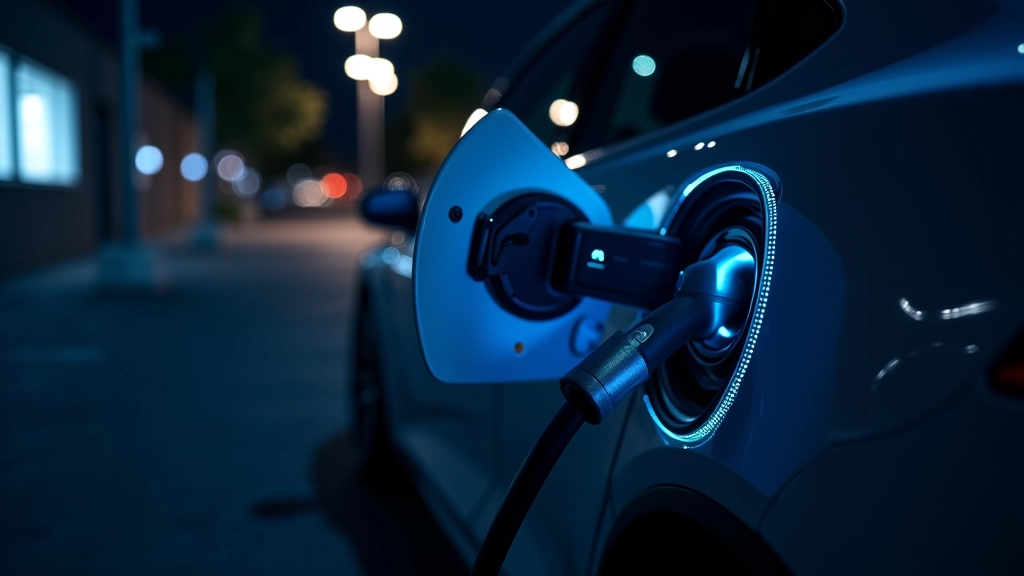 Modernā elektromobiļa baterijas sistēma un lādēšanas stacija, ar tehniskajiem parametriem redzamajā ekrānā