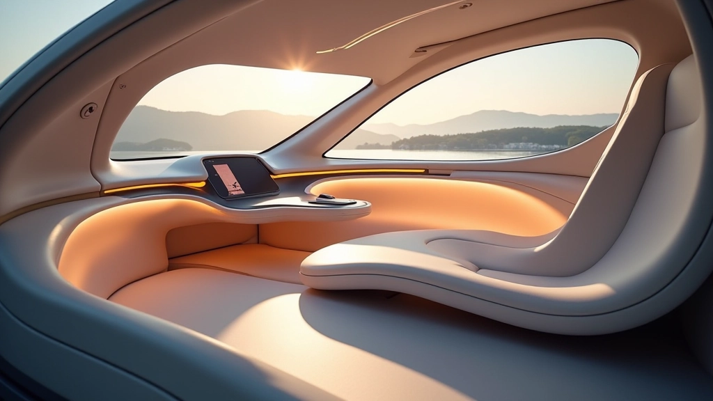 Futuristisks automobilisku interjers ar organiskām formām, gaisma, skaista sēdvieta, minimālistisks dizains, mājīga atmosfēra