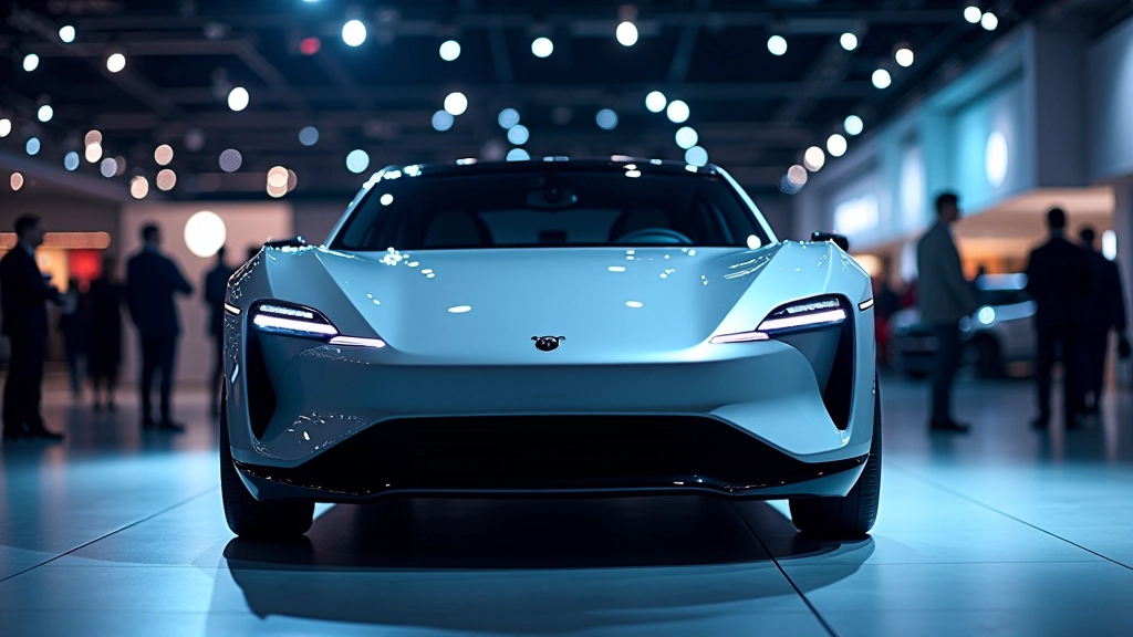 Jaunas elektriskas automašīnas stāvot uz skatuves ar LED apgaismojumu, futuristisks dizains, spilgtā pelēkā un melna krāsa