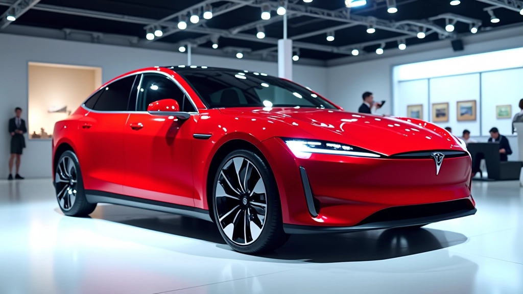 Modernās elektriskās automašīnas sarkana sedāna forma uz izstādes platformas ar LED apgaismojumu